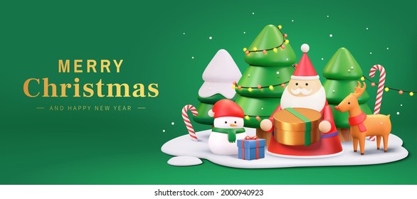 3d Merry Christmas and Happy new year banner. Santa Claus holding gift box and standing in a snowy forest with cute snowman and reindeer.