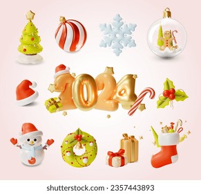 3d Merry Christmas and Happy New Year Concept Element Set Cartoon Style Include of Tree, Gingerbread Man, Branch Mistletoe and Snowflake . Vector illustration