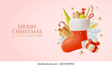 3d Merry Christmas and Happy New Year Placard Poster Banner Card Template with Xmas Holiday Red Sock Cartoon Style. Vector illustration