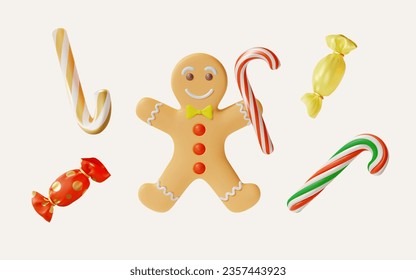 3d Merry Christmas and Happy New Year Concept Gingerbread Man and Traditional Xmas Candy with Red, Green and White Stripes Set Cartoon Style. Vector illustration