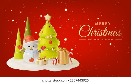 3d Merry Christmas and Happy New Year Placard Poster Banner Card Template and Snowman Character with Xmas Hat Cartoon Style. Vector illustration