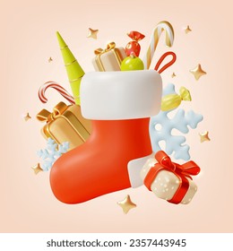 3d Merry Christmas and Happy New Year Concept Background with Xmas Red Sock Cartoon Style. Vector illustration