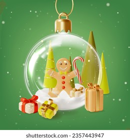 3d Merry Christmas and Happy New Year Concept Decoration Glass Ball Transparent inside Snow and Gingerbread Man and Gift Boxes Around Cartoon Style. Vector illustration