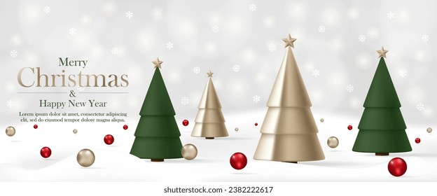 3D Merry Christmas and Happy New Year banner with gold and green Xmas tree, ball, snowflake in winter snow white background luxury style for banner, poster, greeting card, online social media. Vector