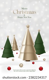 3D Merry Christmas and Happy New Year banner with gold and green Xmas tree, ball, snowflake in winter snow white background luxury style for banner, poster, greeting card, online social media. Vector