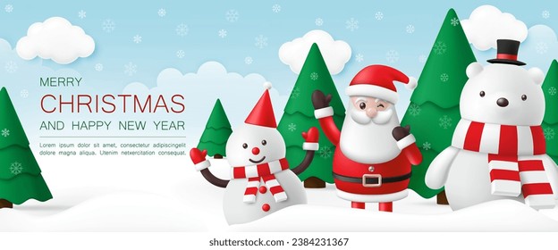 3d Merry Christmas and Happy new year banner with snowman, Santa claus, polar bear and christmas trees on the snow background for greeting card, kid wallpaper, decoration party. Vector illustration