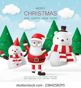 3d Merry Christmas and Happy new year banner with snowman, Santa claus, polar bear and christmas trees on the snow background for greeting card, kid wallpaper, decoration party. Vector illustration