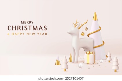 3d Merry Christmas and Happy New Year background. Christmas tree, snowballs,deer and gifts boxes. Holiday Greeting card, banner, web poster. 3d rendering. Vector illustration