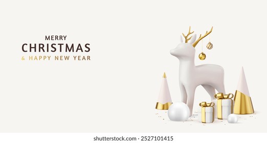 3d Merry Christmas and Happy New Year background. Christmas tree, snowballs,deer and gifts boxes. Holiday Greeting card, banner, web poster. 3d rendering. Vector illustration