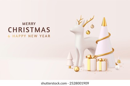 3d Merry Christmas and Happy New Year background. Christmas tree, snowballs,deer and gifts boxes. Holiday Greeting card, banner, web poster. 3d rendering. Vector illustration