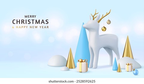 Fondo 3d Navidades felices y feliz año Nuevo. Árbol de Navidad, bolas de nieve, ciervos y cajas de regalos. Festiva Tarjeta de felicitación, Anuncio, cartel de Web. Renderización 3D. Ilustración vectorial