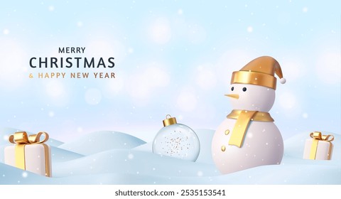 3d Merry Christmas and Happy New Year background. 3d white snowman cute winter character, Holiday Greeting card, banner, web poster. 3d rendering. Vector illustration