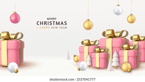 Fondo 3d Navidades felices y feliz año Nuevo. Anuncio de Festiva, cartel de Web, tarjeta de felicitación. Renderización 3D. Ilustración vectorial