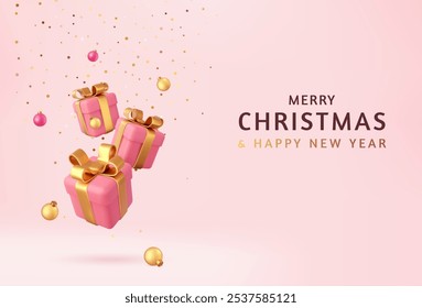 3d Merry Christmas and Happy New Year Background with gifts box. Golden Christmas baubles, balls, glitter. 3d rendering. Vector illustration