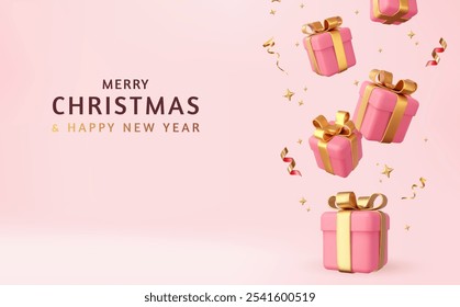 3d Merry Christmas and Happy New Year Background with gifts box. 3d rendering. Vector illustration