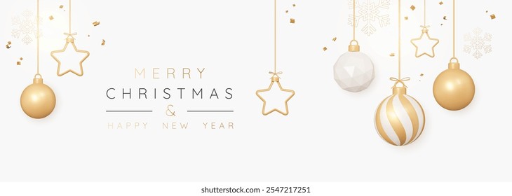 Navidades felices 3D y Anuncio feliz del año Nuevo con las bolas cuelgan en la cinta del oro. Adornos navideños, chucherías a rayas y confeti dorado. Afiche de celebración o tarjeta de regalo. Ilustración vectorial 3D