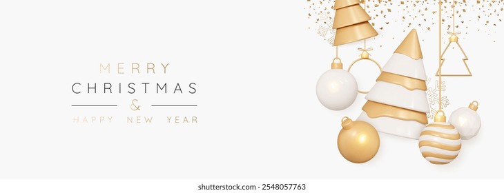 3D Merry Christmas and Happy New Year banner with golden and beige pine trees and balls hang on gold ribbon. Celebration poster or xmas getting card with falling confetti. 3D Vector illustration