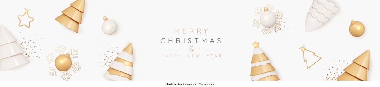 3D Merry Christmas and Happy New Year banner with golden and beige pine trees and balls. Celebration poster or xmas getting card with confetti. Horizontal header for website. 3D Vector illustration