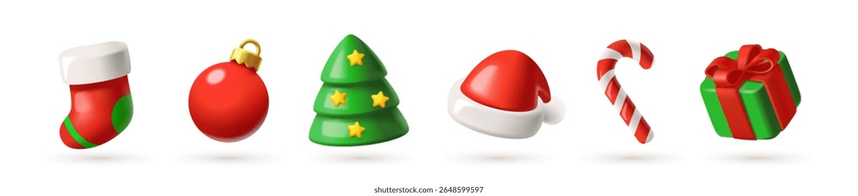 3D Merry Christmas Icons Set. Holiday decorations with sock, toy, Christmas tree, Santa hat, gift and candy cane. Celebrating New Year. Realistic vector illustration collection isolated on background
