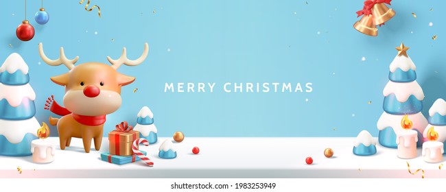 3d Merry Christmas illustration banner in light blue. Cute deer with Christmas trees, bells, gift boxes on the snow surface background