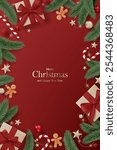 3D Merry Christmas luxury banner top view red background. Happy new year holiday realistic greeting card with gold gift box, decoration, red ball, pine leaves, lights garland and green tree branches