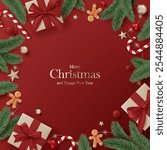 3D Merry Christmas luxury banner top view red background. Happy new year holiday realistic greeting card with gold gift box, decoration, red ball, pine leaves, lights garland and green tree branches