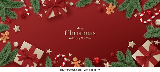 3D Merry Christmas luxury banner top view red background. Happy new year holiday realistic greeting card with gold gift box, decoration, red ball, pine leaves, lights garland and green tree branches