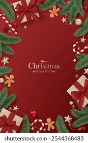 3D Merry Christmas luxury banner top view red background. Happy new year holiday realistic greeting card with gold gift box, decoration, red ball, pine leaves, lights garland and green tree branches