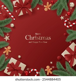 3D Merry Christmas luxury banner top view red background. Happy new year holiday realistic greeting card with gold gift box, decoration, red ball, pine leaves, lights garland and green tree branches