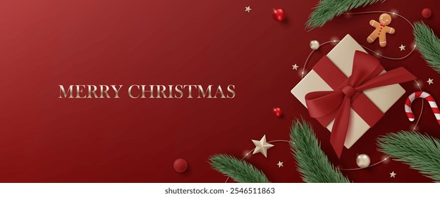 3D Merry Christmas luxury banner top view red background. Happy new year holiday realistic greeting card with gold gift box, decoration, red ball, pine leaves, lights garland and green tree branches
