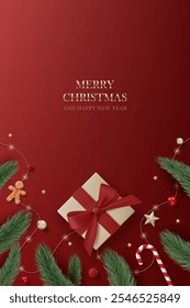 3D Merry Christmas luxury banner top view red background. Happy new year holiday realistic greeting card with gold gift box, decoration, red ball, pine leaves, lights garland and green tree branches