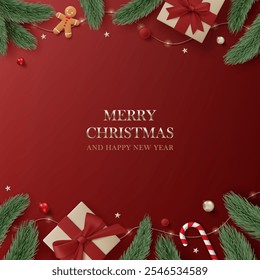 3D Merry Christmas luxury banner top view red background. Happy new year holiday realistic greeting card with gold gift box, decoration, red ball, pine leaves, lights garland and green tree branches