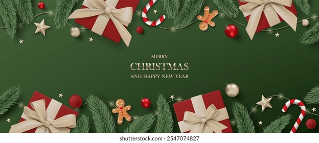 3D Merry Christmas luxury banner top view green background. Happy new year holiday realistic greeting card with gold gift box, decoration, red ball, pine leaves, lights garland and green tree branches