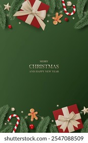 3D Merry Christmas luxury banner top view green background. Happy new year holiday realistic greeting card with gold gift box, decoration, red ball, pine leaves, lights garland and green tree branches