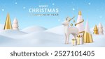 3d Merry Christmas and New Year background with snow drifts landscape, deer, gift and Christmas trees. Gold and white Christmas decorations. 3d rendering. Vector illustration