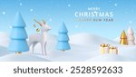 3d Merry Christmas and New Year background with snow drifts landscape, deer, gift and Christmas trees. Gold and white Christmas decorations. 3d rendering. Vector illustration