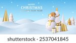 3d Merry Christmas and New Year background with snow drifts landscape, snowman, gift and Christmas trees. Gold and white Christmas decorations. 3d rendering. Vector illustration