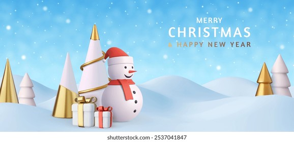 3d Merry Christmas and New Year background with snow drifts landscape, snowman, gift and Christmas trees. Gold and white Christmas decorations. 3d rendering. Vector illustration