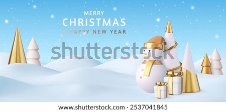 3d Merry Christmas and New Year background with snow drifts landscape, snowman, gift and Christmas trees. Gold and white Christmas decorations. 3d rendering. Vector illustration