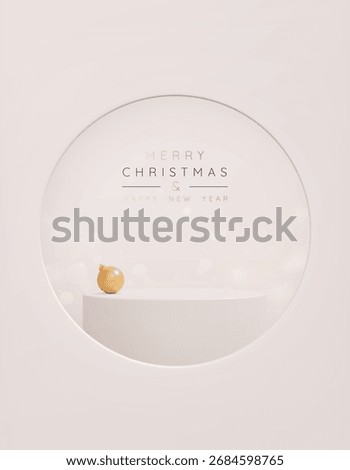 3D Merry Christmas and New Year beige background with podium and gold bauble. Cylinder pedestal in circle window. Mockup product display with bokeh. Minimal wall scene. Realistic vector illustration
