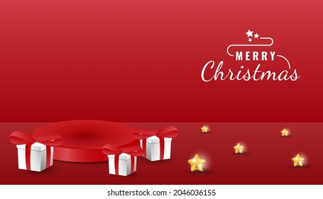 3d merry christmas podium banner template with star and gift box