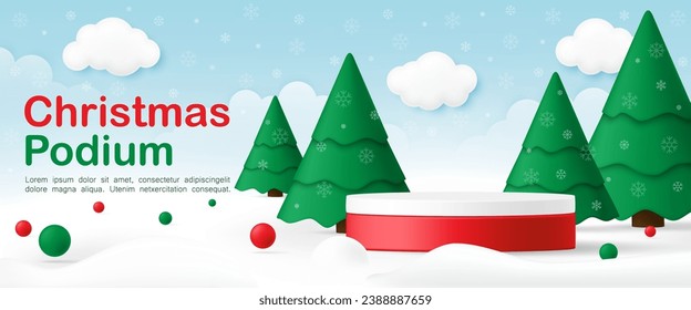 3D Merry Christmas product display cylinder stand podium banner. Happy New Year Xmas tree on snow background for baby online, clothes toy shop, kid fashion discount promotion sale, social media post