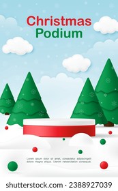 3D Merry Christmas product display cylinder stand podium banner. Happy New Year Xmas tree on snow background for baby online, clothes toy shop, kid fashion discount promotion sale, social media post