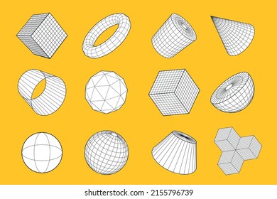 3d mesh abstract elements set. Vector line graphic illustration.