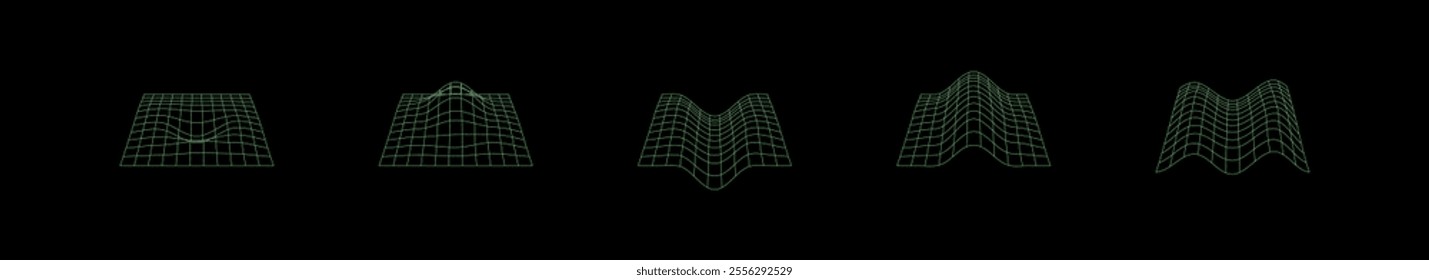 3D mesh. Abstract grid waveforms displayed in green lines on a black background, showcasing a futuristic and minimalistic digital style. Isolated vector