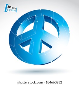 3d mesh blue peace icon isolated on white background, colorful round lattice peace symbol from 60s, dimensional tech circle hippy object with white connected lines, bright clear eps 8 vector.