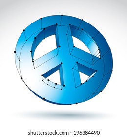 3d mesh blue peace icon isolated on white background, colorful lattice peace symbol from 60s, dimensional tech circle hippy object with black connected lines, bright clear eps 8 vector illustration.