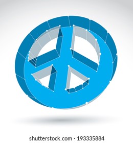 3d mesh blue web peace icon isolated on white background, colorful round lattice peace symbol from 60s, dimensional tech circle hippy object, bright clear eps 8 vector illustration.