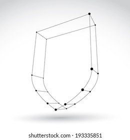 3d mesh carcass monochrome security icon isolated on white background, black and white shield symbol, dimensional tech protection object, clear eps 8 vector illustration, perspective antivirus icon.