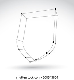 3d mesh carcass monochrome security icon isolated on white background, black and white shield symbol, dimensional tech protection object, clear eps 8 vector illustration.